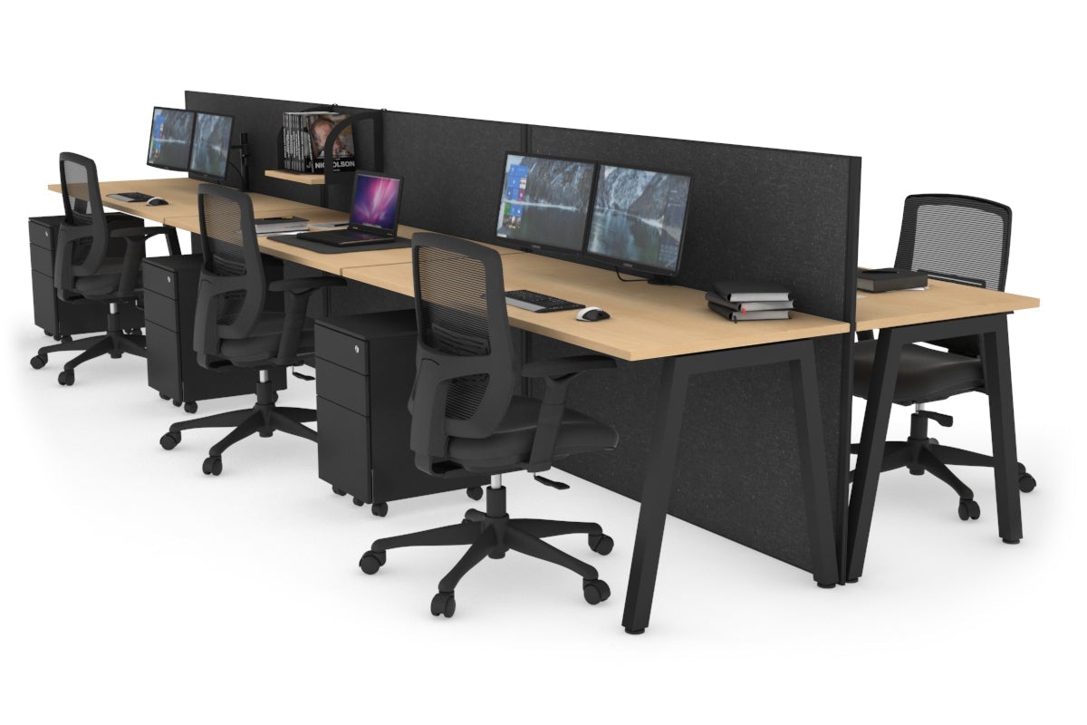 Horizon Quadro 6 Person Bench A Legs Office Workstation [1200L x 700W]-black leg maple moody charcoal (1200H x 3600W)