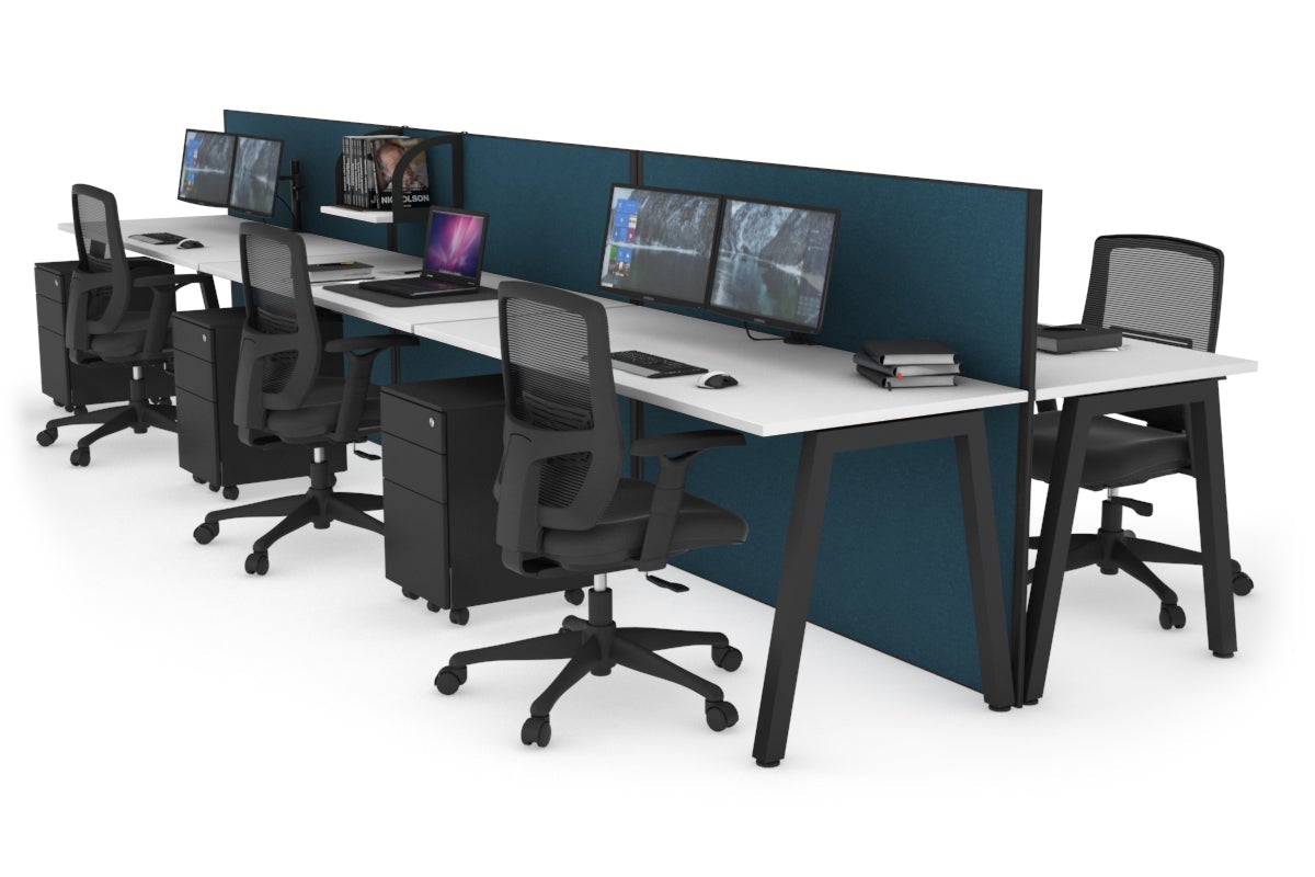 Horizon Quadro 6 Person Bench A Legs Office Workstation [1200L x 700W]-black leg white deep blue (1200H x 3600W)