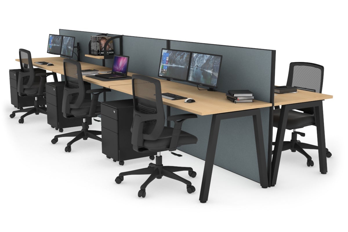 Horizon Quadro 6 Person Bench A Legs Office Workstation [1200L x 700W]-black leg maple cool grey (1200H x 3600W)