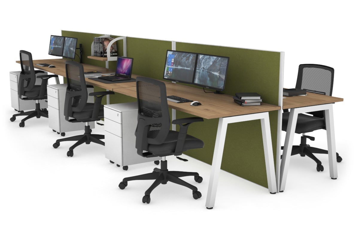Horizon Quadro 6 Person Bench A Legs Office Workstation [1200L x 700W]-white leg salvage oak green moss (1200H x 3600W)