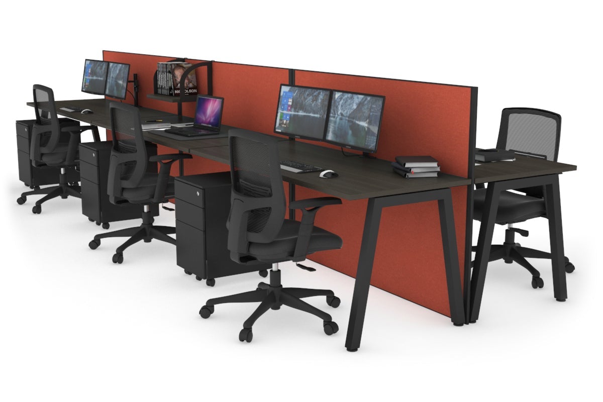 Horizon Quadro 6 Person Bench A Legs Office Workstation [1200L x 700W]-black leg dark oak orange squash (1200H x 3600W)