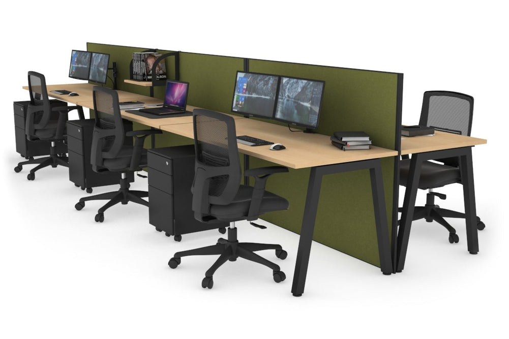 Horizon Quadro 6 Person Bench A Legs Office Workstation [1200L x 700W]-black leg maple green moss (1200H x 3600W)