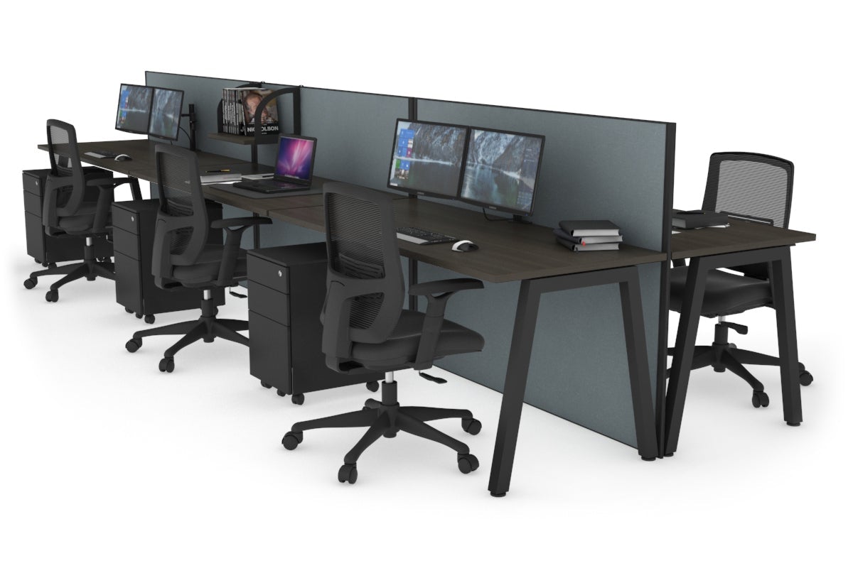 Horizon Quadro 6 Person Bench A Legs Office Workstation [1200L x 700W]-black leg dark oak cool grey (1200H x 3600W)