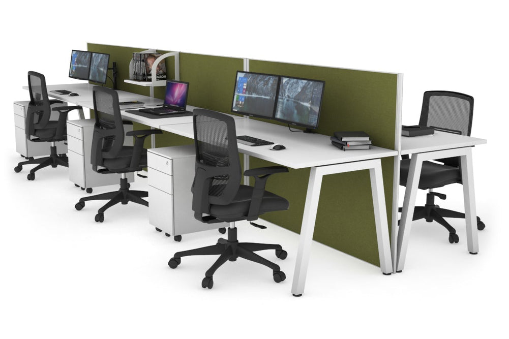 Horizon Quadro 6 Person Bench A Legs Office Workstation [1200L x 700W]-white leg white green moss (1200H x 3600W)