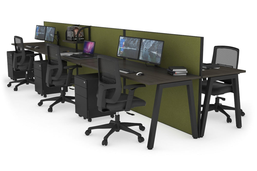 Horizon Quadro 6 Person Bench A Legs Office Workstation [1200L x 700W]-black leg dark oak green moss (1200H x 3600W)
