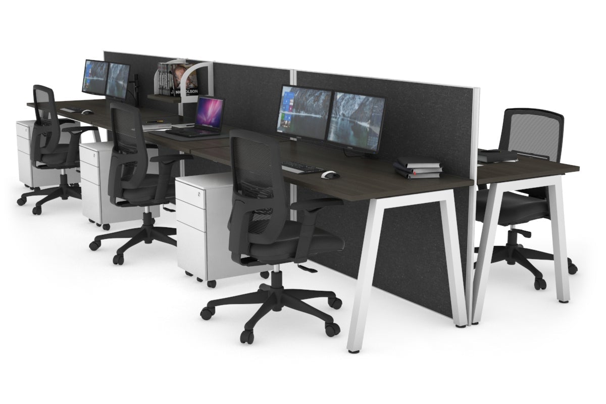 Horizon Quadro 6 Person Bench A Legs Office Workstation [1200L x 700W]-white leg dark oak moody charcoal (1200H x 3600W)