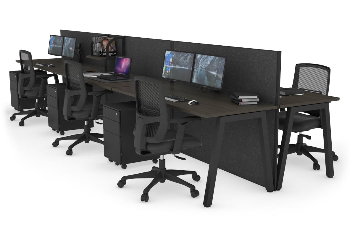 Horizon Quadro 6 Person Bench A Legs Office Workstation [1200L x 700W]-black leg dark oak moody charcoal (1200H x 3600W)