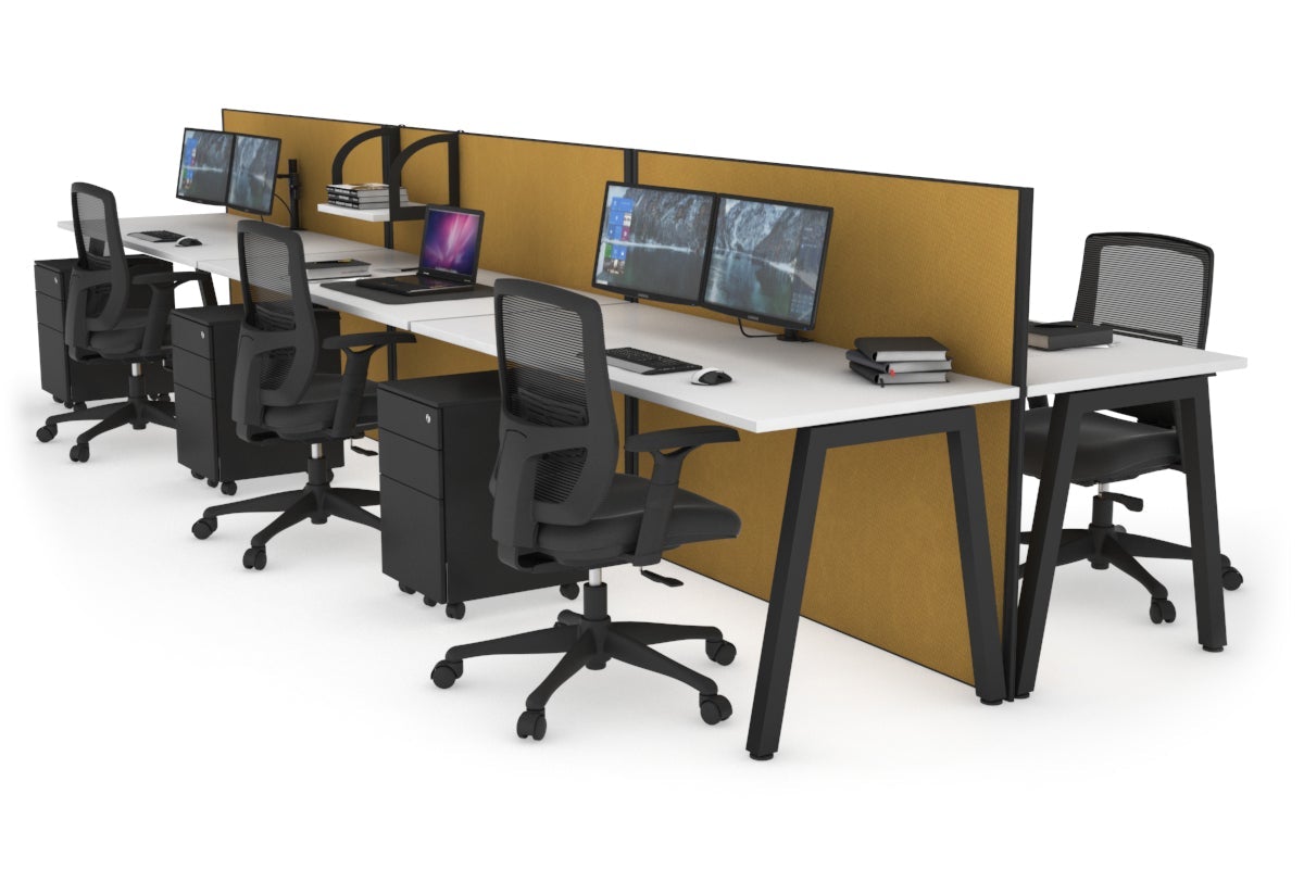 Horizon Quadro 6 Person Bench A Leg Office Workstations [1200L x 700W] Jasonl black leg white mustard yellow (1200H x 3600W)