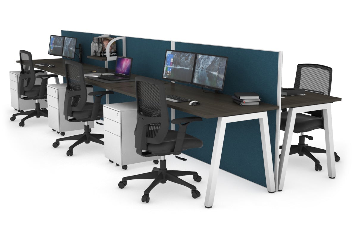 Horizon Quadro 6 Person Bench A Leg Office Workstations [1200L x 700W] Jasonl white leg dark oak deep blue (1200H x 3600W)