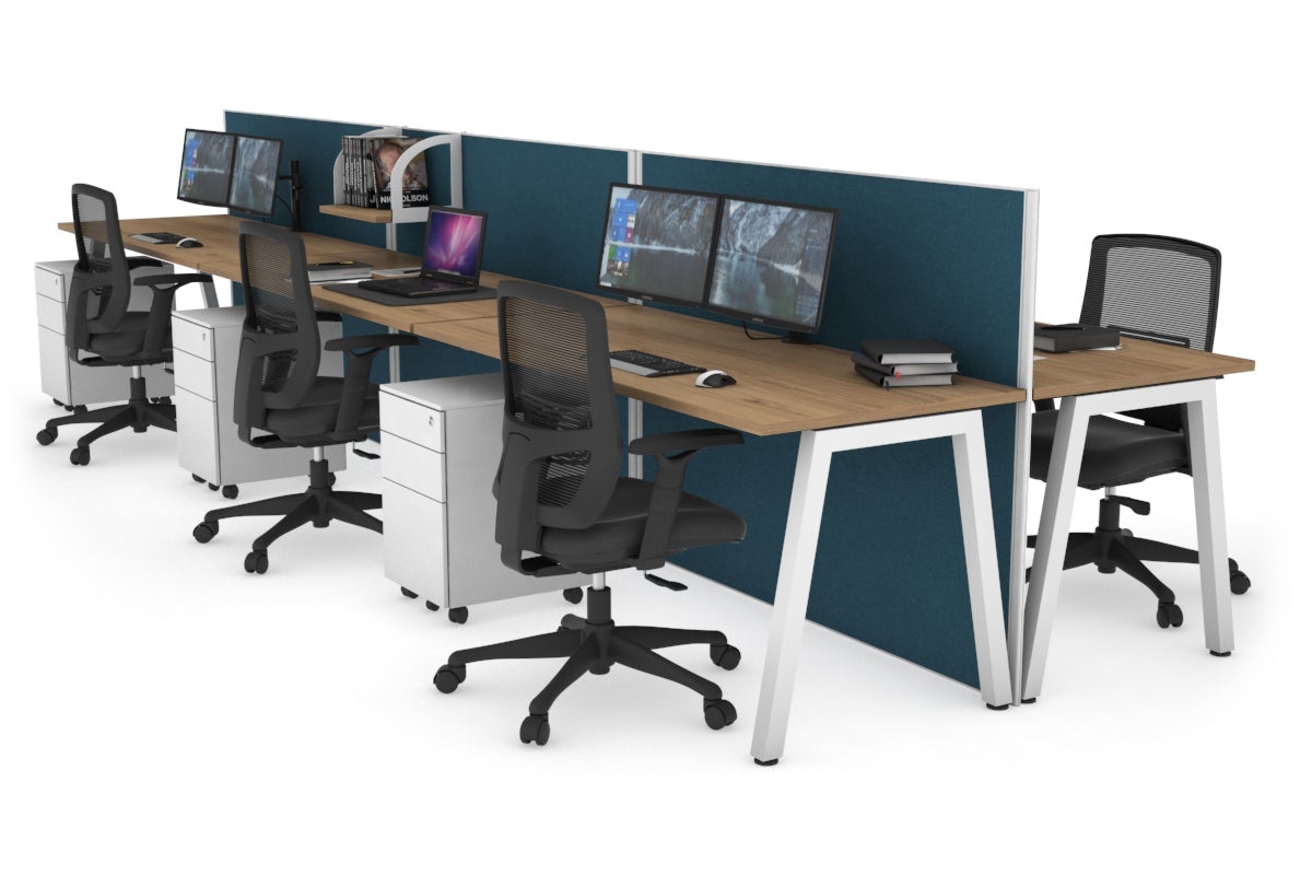 Horizon Quadro 6 Person Bench A Legs Office Workstation [1200L x 700W]-white leg salvage oak deep blue (1200H x 3600W)