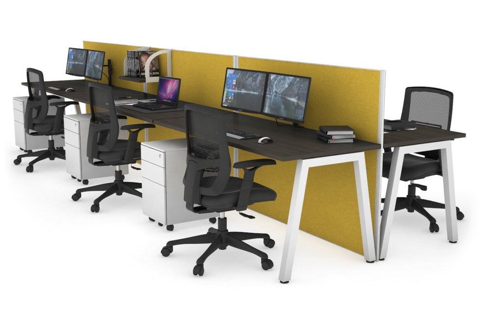 Horizon Quadro 6 Person Bench A Legs Office Workstation [1200L x 700W]-white leg dark oak mustard yellow (1200H x 3600W)