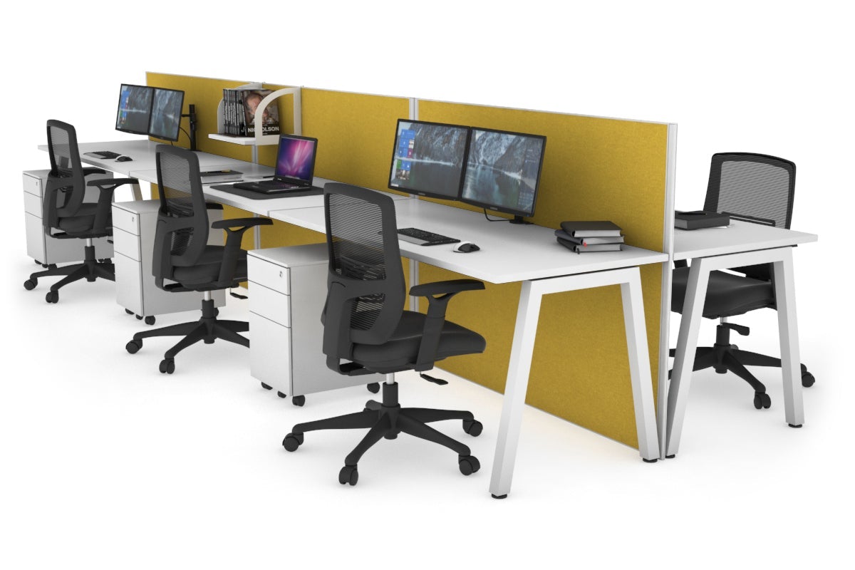 Horizon Quadro 6 Person Bench A Leg Office Workstations [1200L x 700W] Jasonl white leg white mustard yellow (1200H x 3600W)