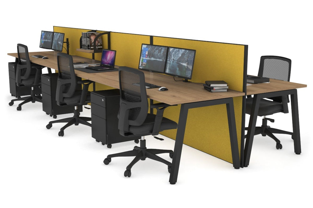 Horizon Quadro 6 Person Bench A Legs Office Workstation [1200L x 800W with Cable Scallop]-black leg salvage oak mustard yellow (1200H x 3600W)