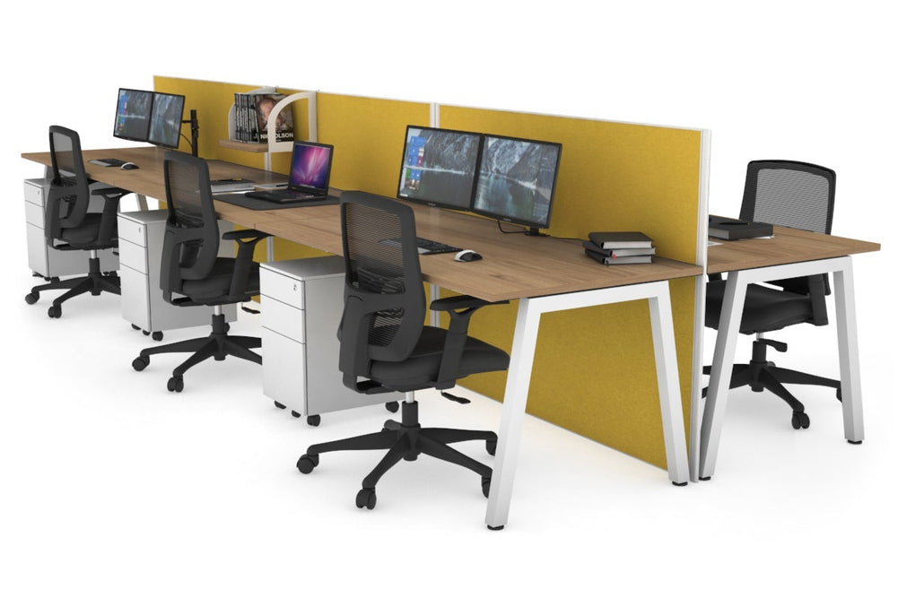 Horizon Quadro 6 Person Bench A Legs Office Workstation [1200L x 800W with Cable Scallop]-white leg salvage oak mustard yellow (1200H x 3600W)