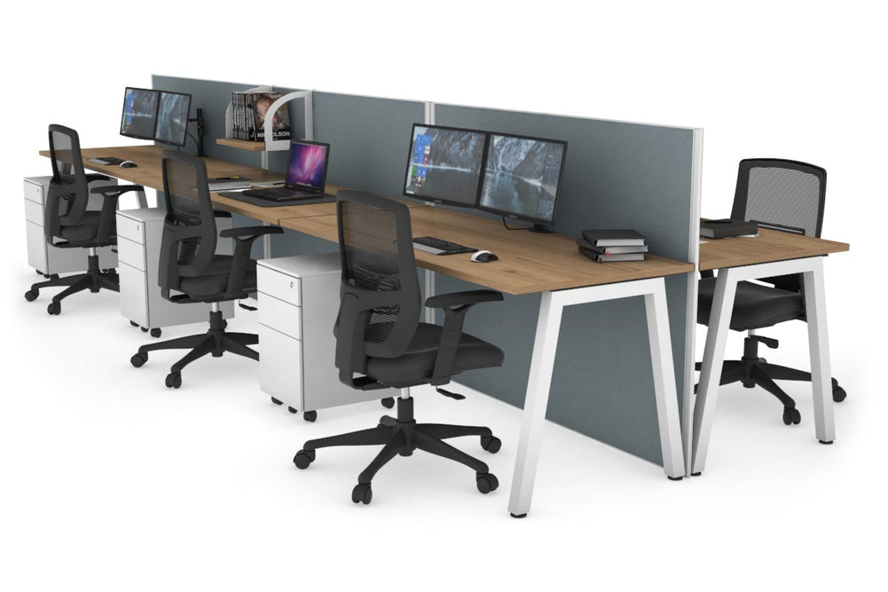 Horizon Quadro 6 Person Bench A Legs Office Workstation [1400L x 700W]-white leg salvage oak cool grey (1200H x 4200W)