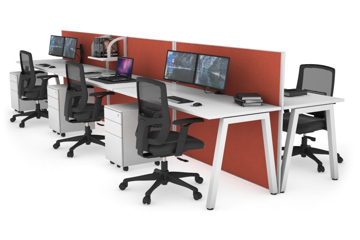 Horizon Quadro 6 Person Bench A Leg Office Workstations [1400L x 700W] Jasonl white leg white orange squash (1200H x 4200W)