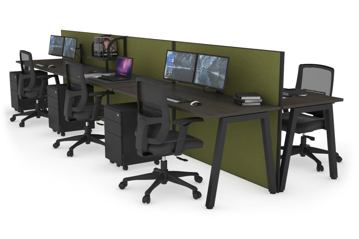 Horizon Quadro 6 Person Bench A Leg Office Workstations [1400L x 700W] Jasonl black leg dark oak green moss (1200H x 4200W)