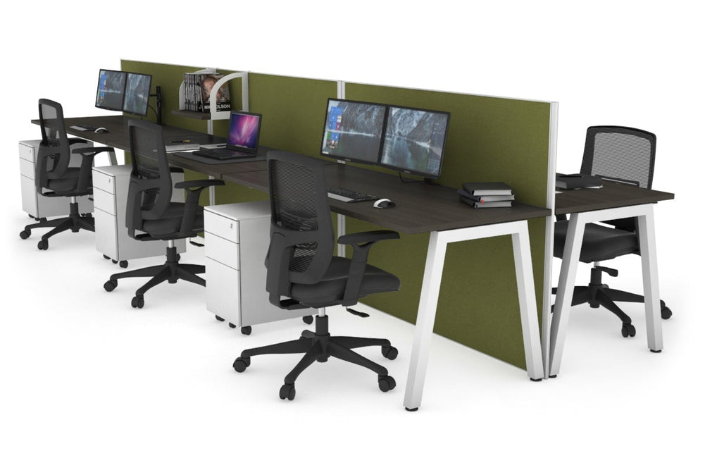Horizon Quadro 6 Person Bench A Legs Office Workstation [1400L x 700W]-white leg dark oak green moss (1200H x 4200W)
