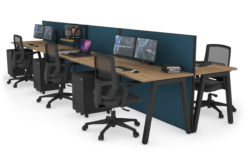 Horizon Quadro 6 Person Bench A Legs Office Workstation [1400L x 700W]-black leg salvage oak deep blue (1200H x 4200W)
