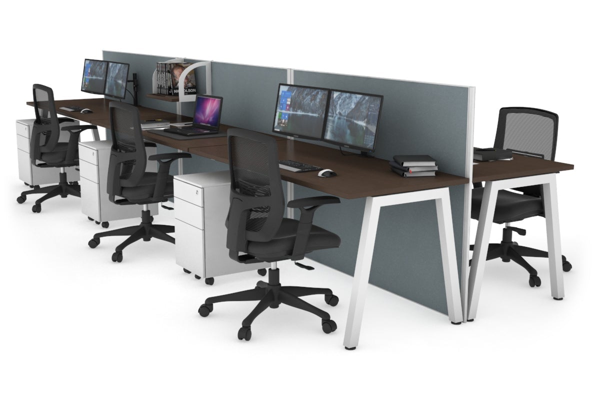 Horizon Quadro 6 Person Bench A Leg Office Workstations [1400L x 700W] Jasonl white leg wenge cool grey (1200H x 4200W)