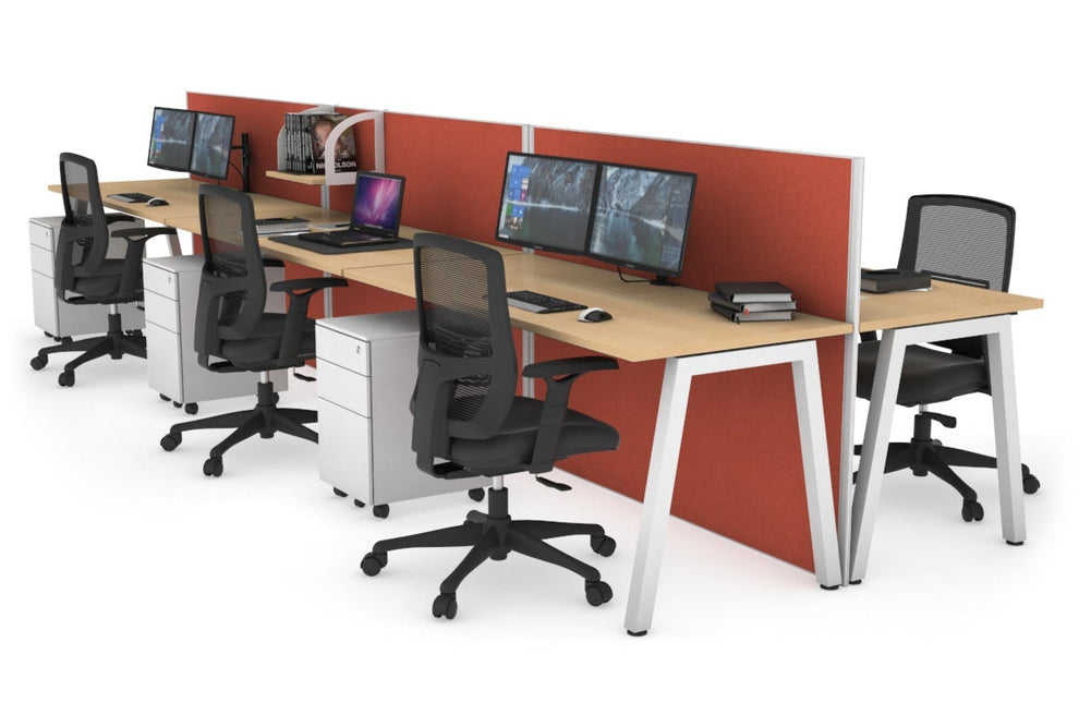 Horizon Quadro 6 Person Bench A Legs Office Workstation [1400L x 700W]-white leg maple orange squash (1200H x 4200W)