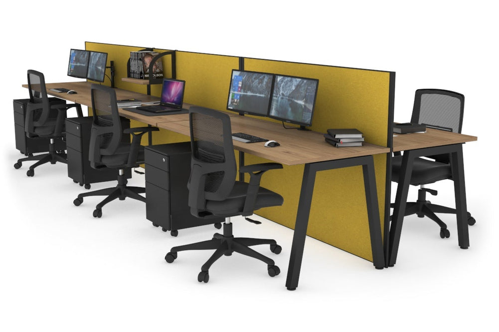 Horizon Quadro 6 Person Bench A Legs Office Workstation [1400L x 700W]-black leg salvage oak mustard yellow (1200H x 4200W)