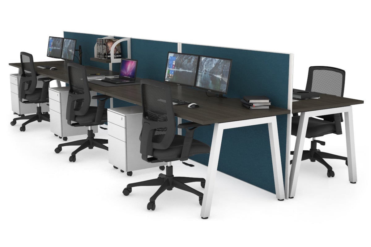Horizon Quadro 6 Person Bench A Leg Office Workstations [1400L x 800W with Cable Scallop] Jasonl white leg dark oak deep blue (1200H x 4200W)