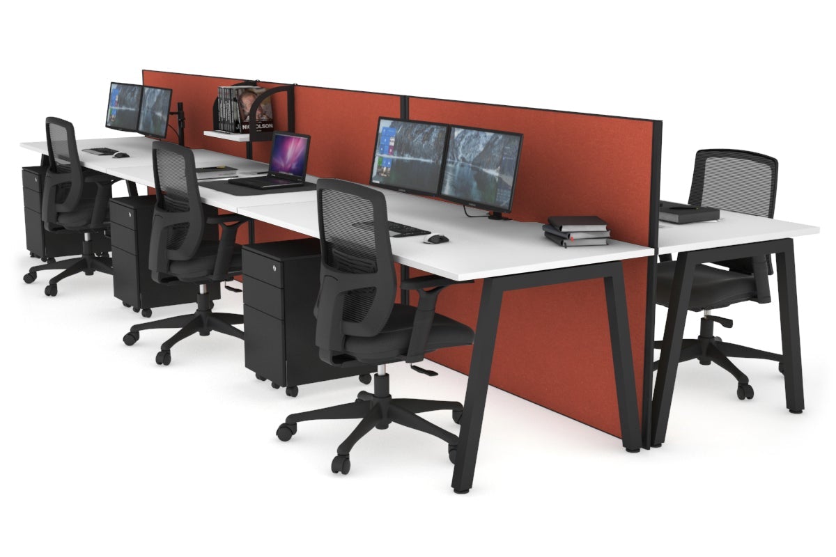 Horizon Quadro 6 Person Bench A Leg Office Workstations [1400L x 800W with Cable Scallop] Jasonl black leg white orange squash (1200H x 4200W)