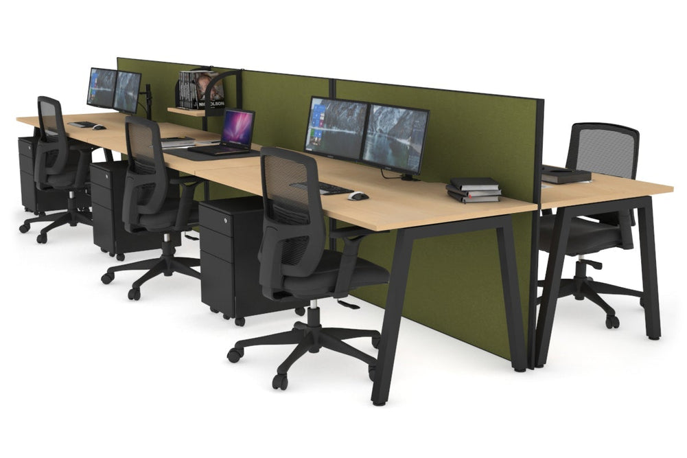 Horizon Quadro 6 Person Bench A Legs Office Workstation [1400L x 800W with Cable Scallop]-black leg maple green moss (1200H x 4200W)