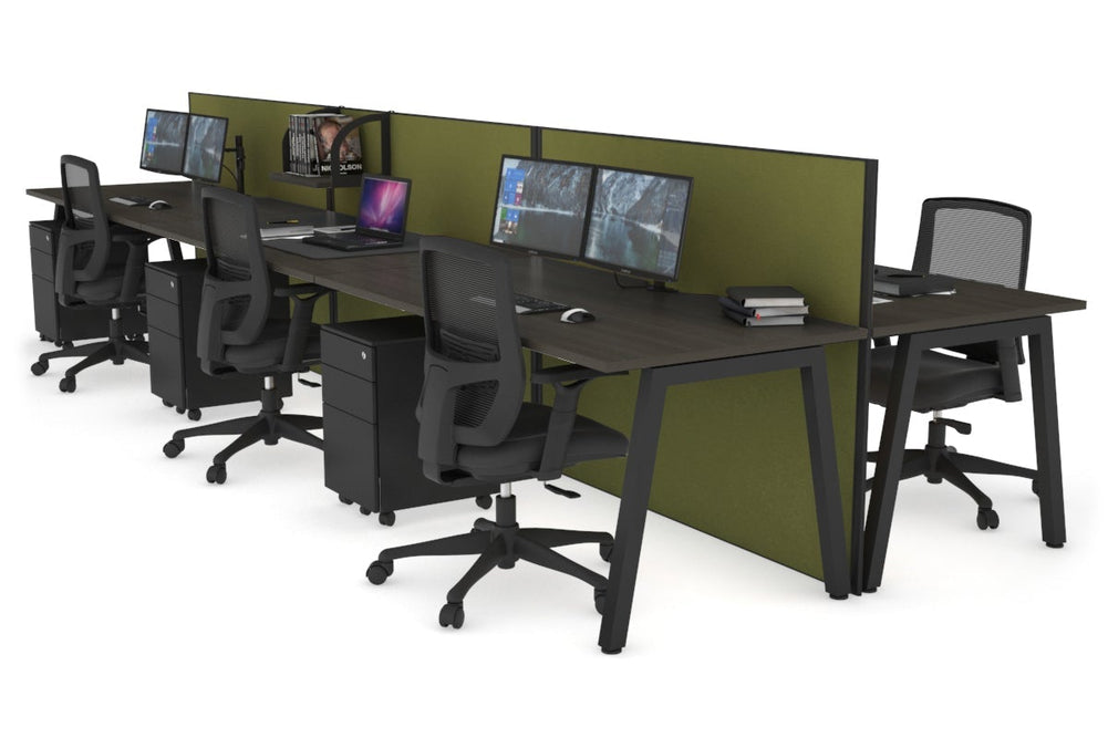 Horizon Quadro 6 Person Bench A Legs Office Workstation [1400L x 800W with Cable Scallop]-black leg dark oak green moss (1200H x 4200W)