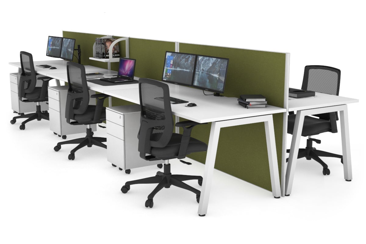 Horizon Quadro 6 Person Bench A Leg Office Workstations [1400L x 800W with Cable Scallop] Jasonl white leg white green moss (1200H x 4200W)