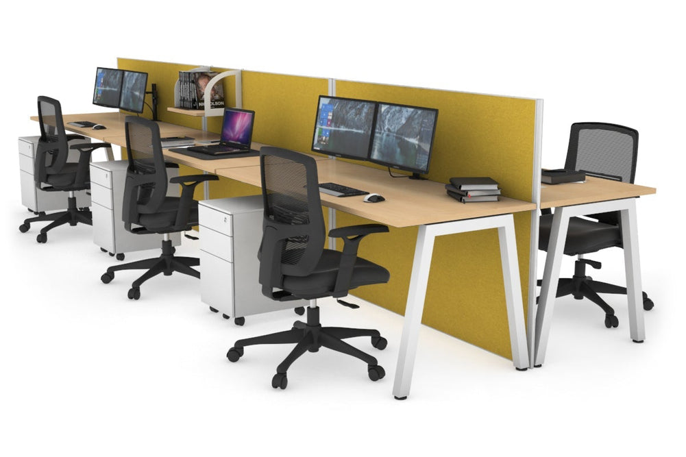 Horizon Quadro 6 Person Bench A Legs Office Workstation [1600L x 700W]-white leg maple mustard yellow (1200H x 4800W)