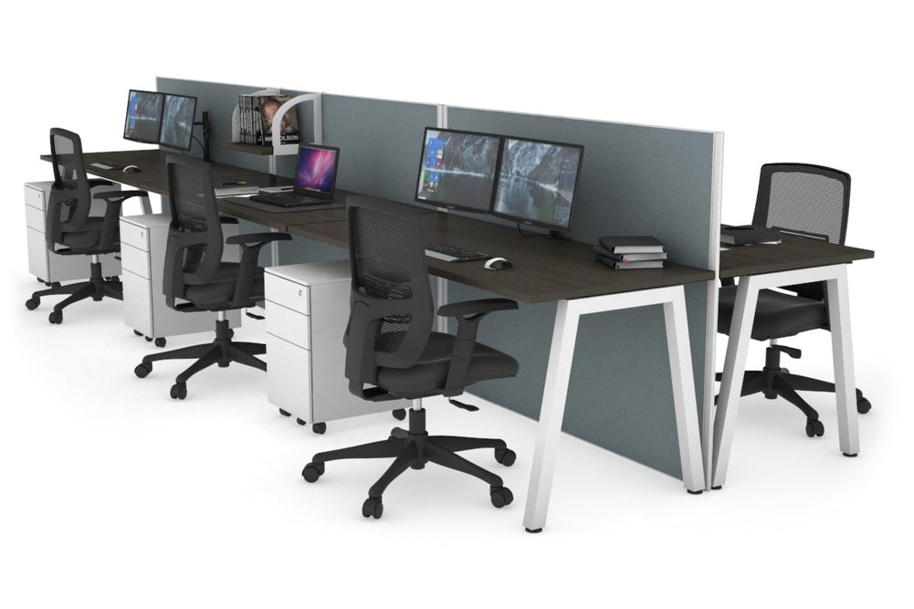 Horizon Quadro 6 Person Bench A Legs Office Workstation [1600L x 700W]-white leg dark oak cool grey (1200H x 4800W)