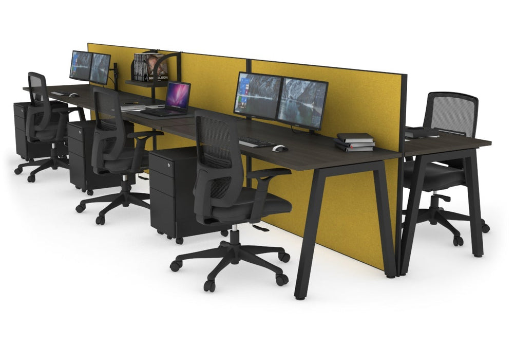 Horizon Quadro 6 Person Bench A Legs Office Workstation [1600L x 700W]-black leg dark oak mustard yellow (1200H x 4800W)