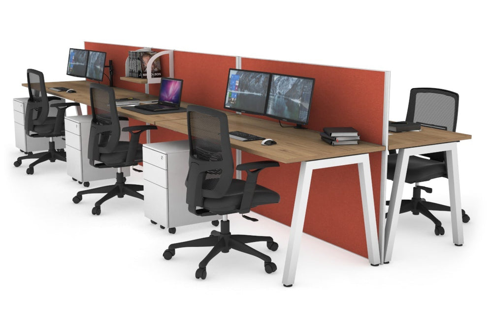 Horizon Quadro 6 Person Bench A Legs Office Workstation [1600L x 700W]-white leg salvage oak orange squash (1200H x 4800W)