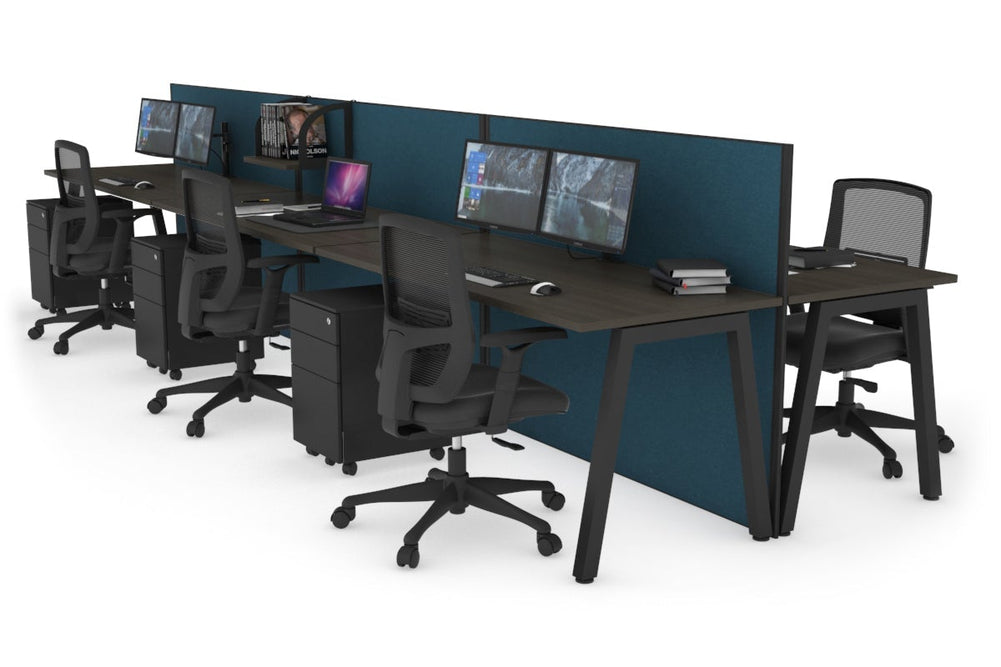 Horizon Quadro 6 Person Bench A Legs Office Workstation [1600L x 700W]-black leg dark oak deep blue (1200H x 4800W)