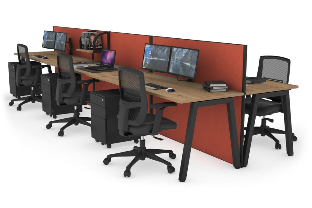 Horizon Quadro 6 Person Bench A Legs Office Workstation [1600L x 700W]-black leg salvage oak orange squash (1200H x 4800W)