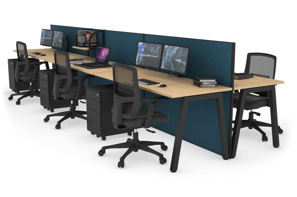 Horizon Quadro 6 Person Bench A Legs Office Workstation [1600L x 700W]-black leg maple deep blue (1200H x 4800W)