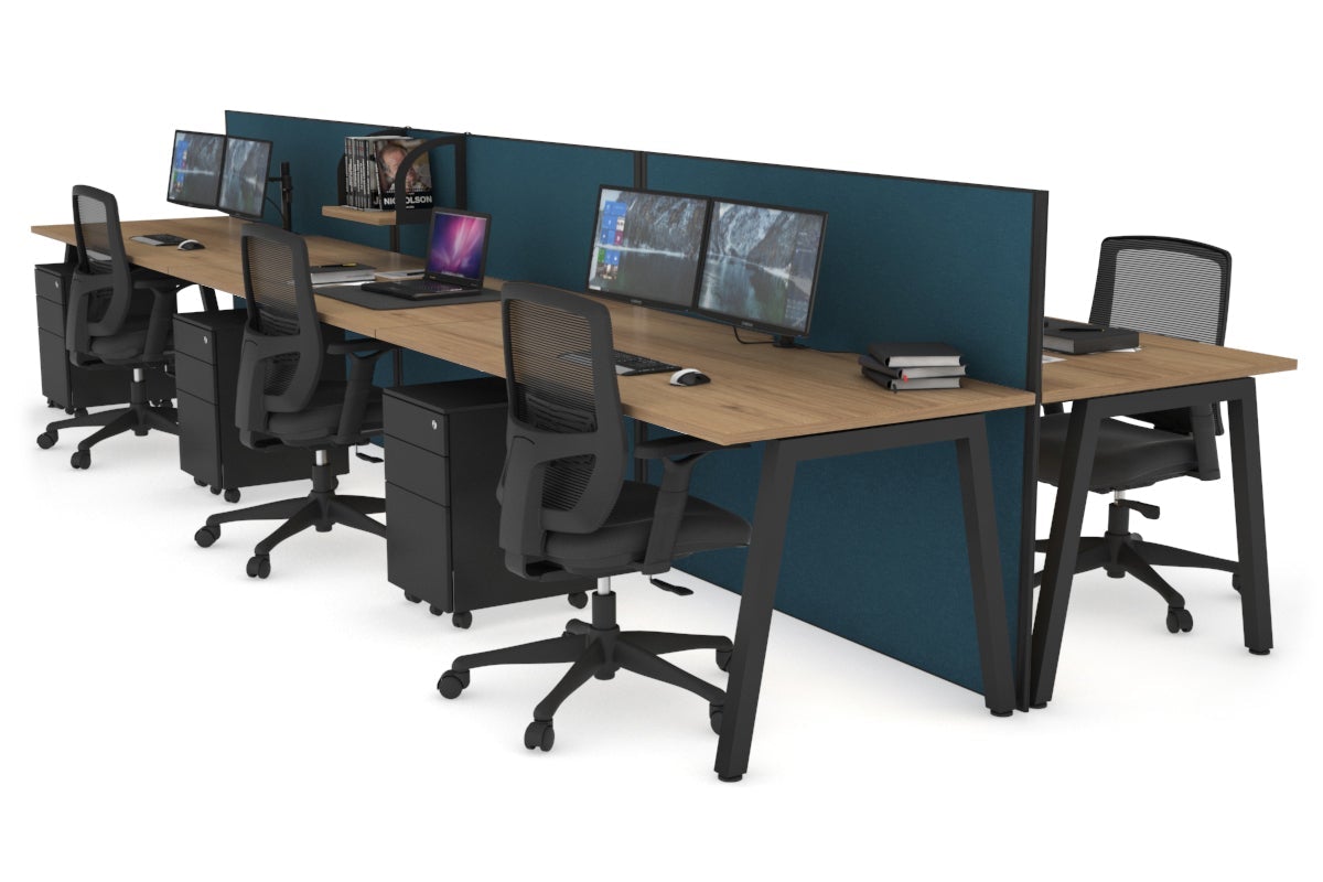 Horizon Quadro 6 Person Bench A Legs Office Workstation [1600L x 800W with Cable Scallop]-black leg salvage oak deep blue (1200H x 4800W)