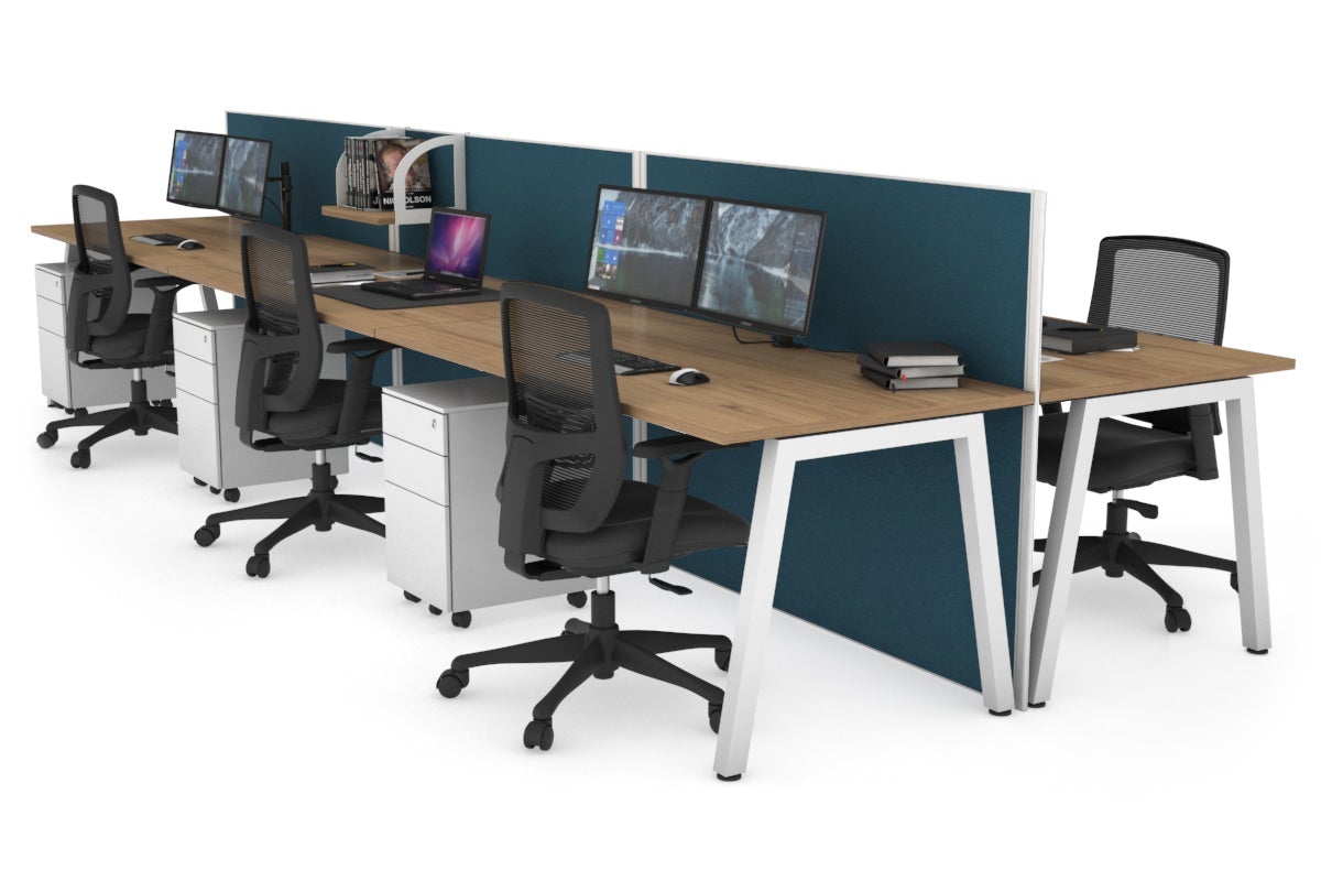Horizon Quadro 6 Person Bench A Legs Office Workstation [1600L x 800W with Cable Scallop]-white leg salvage oak deep blue (1200H x 4800W)