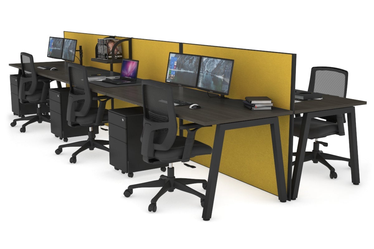 Horizon Quadro 6 Person Bench A Legs Office Workstation [1600L x 800W with Cable Scallop]-black leg dark oak mustard yellow (1200H x 4800W)