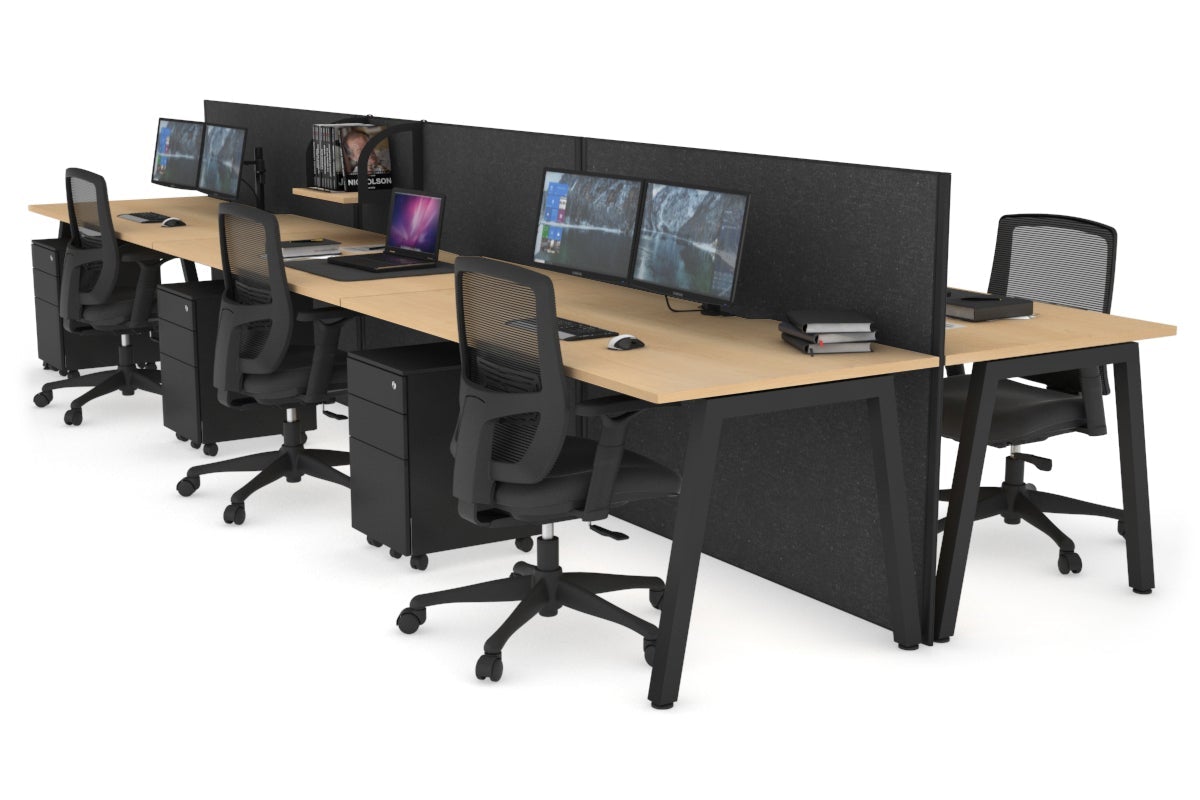 Horizon Quadro 6 Person Bench A Legs Office Workstation [1600L x 800W with Cable Scallop]-black leg maple moody charcoal (1200H x 4800W)