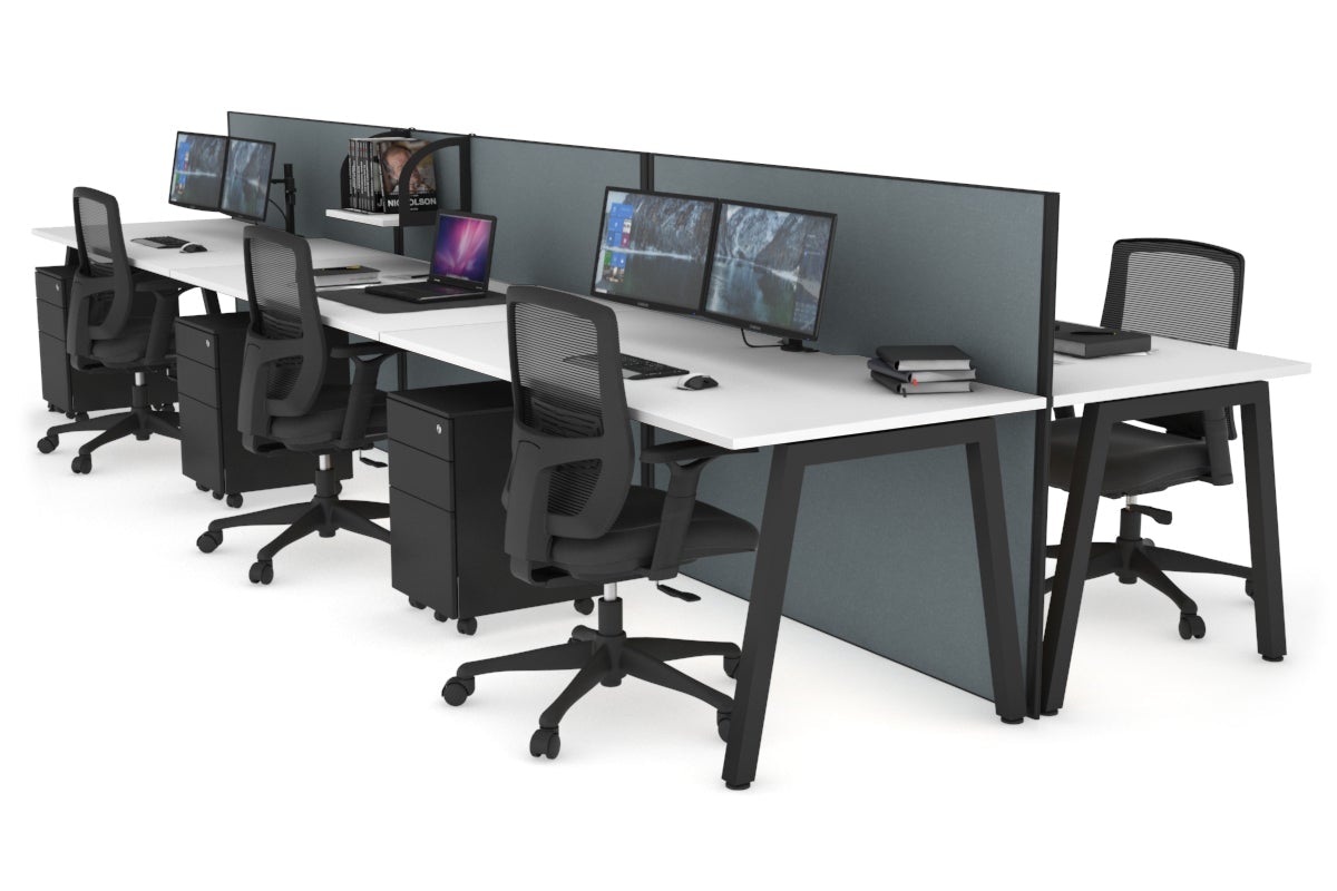 Horizon Quadro 6 Person Bench A Legs Office Workstation [1600L x 800W with Cable Scallop]-black leg white cool grey (1200H x 4800W)