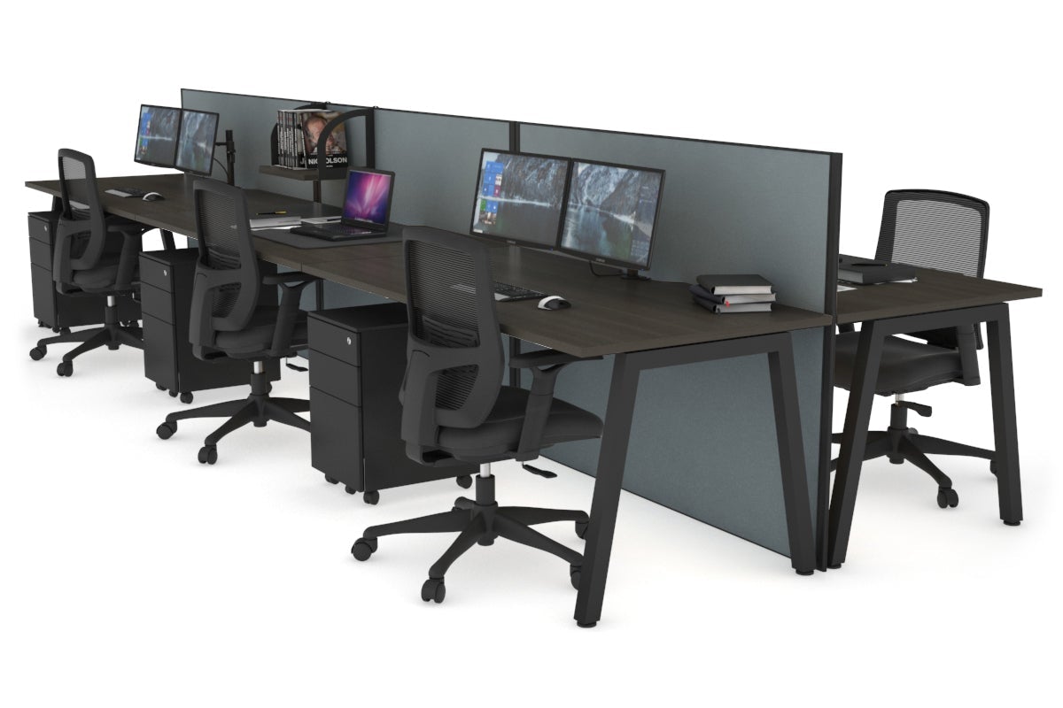 Horizon Quadro 6 Person Bench A Legs Office Workstation [1600L x 800W with Cable Scallop]-black leg dark oak cool grey (1200H x 4800W)