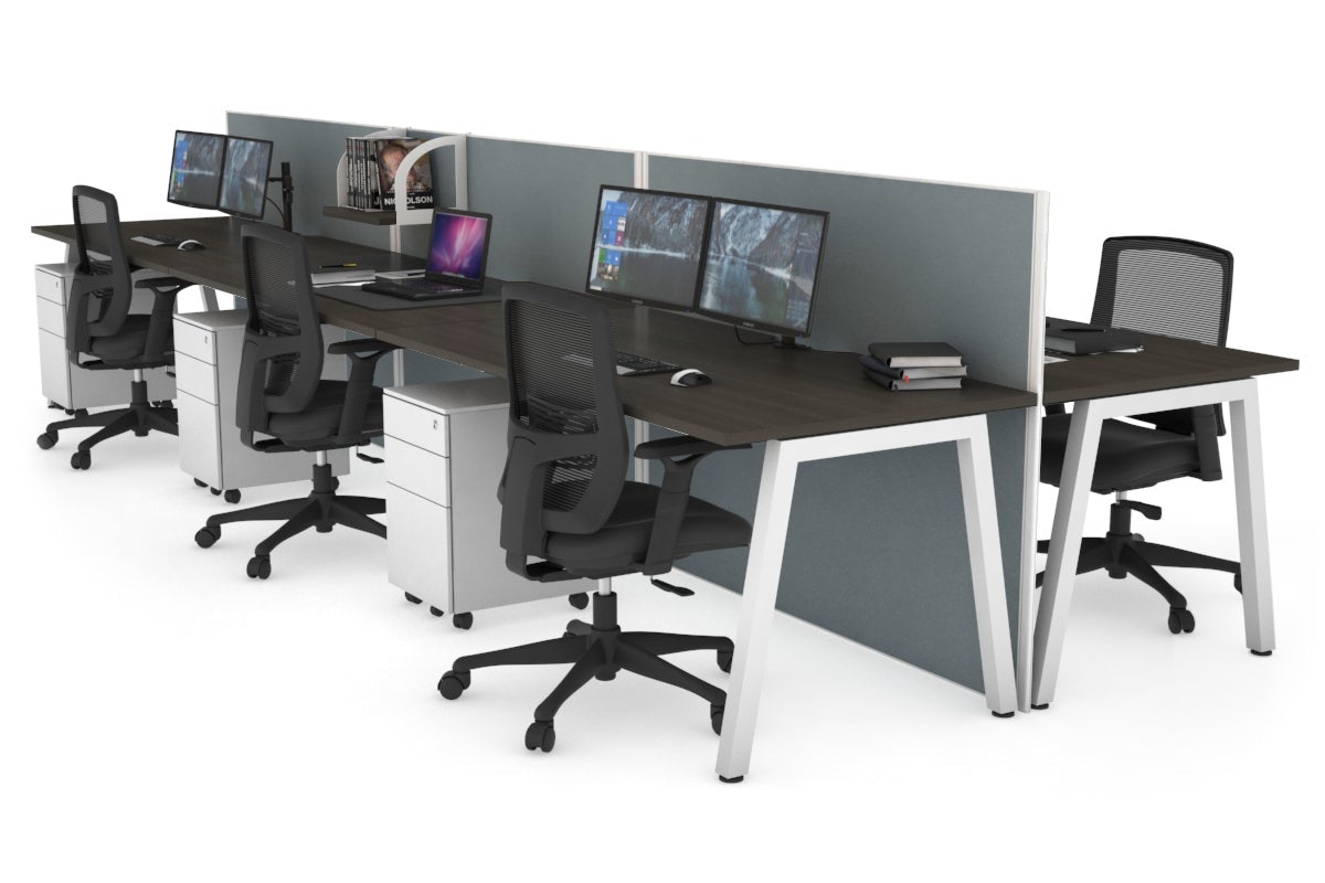 Horizon Quadro 6 Person Bench A Legs Office Workstation [1600L x 800W with Cable Scallop]-white leg dark oak cool grey (1200H x 4800W)