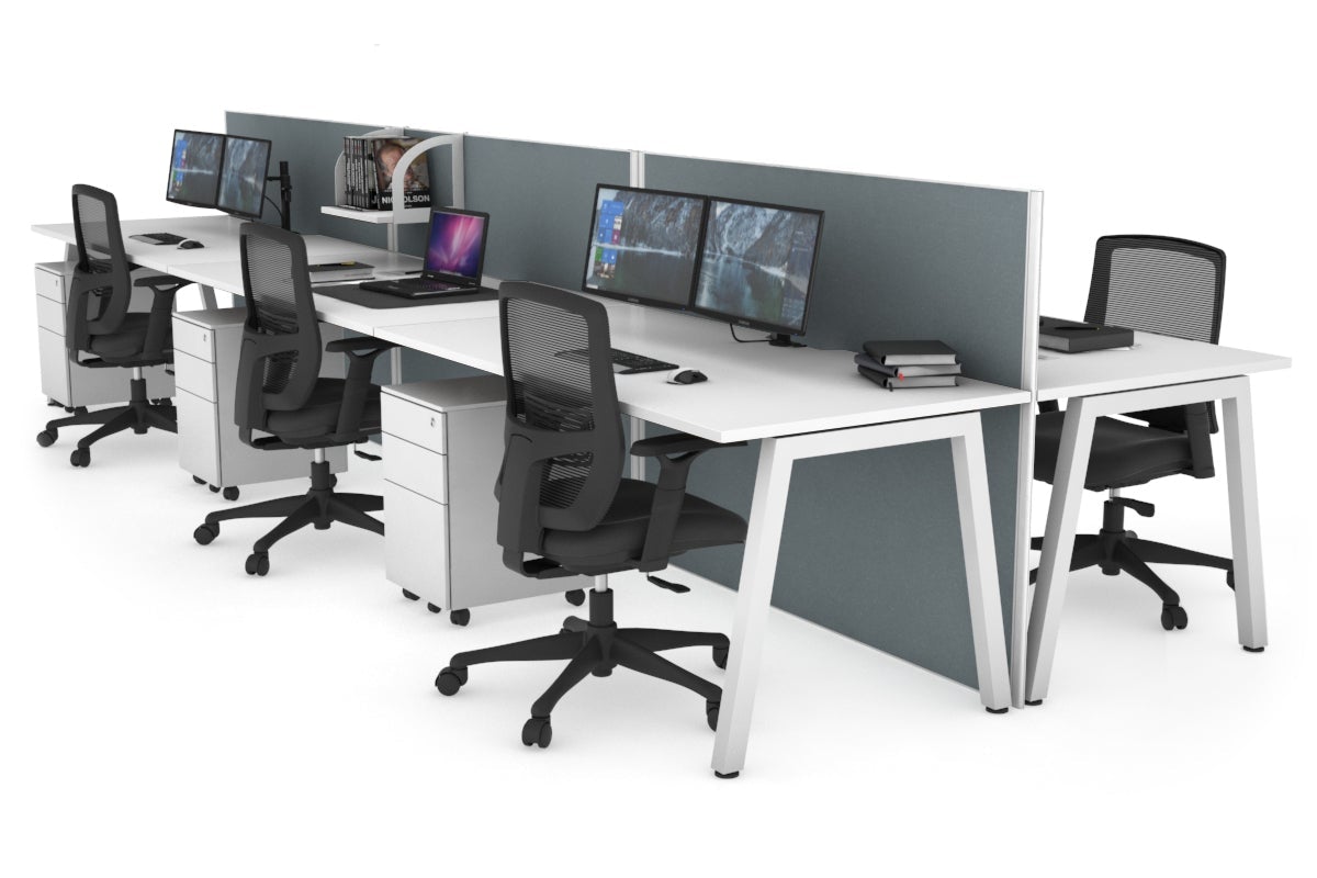 Horizon Quadro 6 Person Bench A Legs Office Workstation [1600L x 800W with Cable Scallop]-white leg white cool grey (1200H x 4800W)