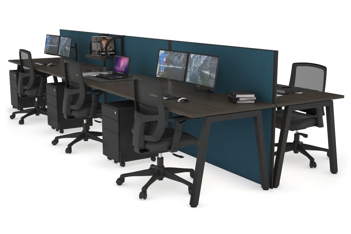 Horizon Quadro 6 Person Bench A Legs Office Workstation [1600L x 800W with Cable Scallop]-black leg dark oak deep blue (1200H x 4800W)