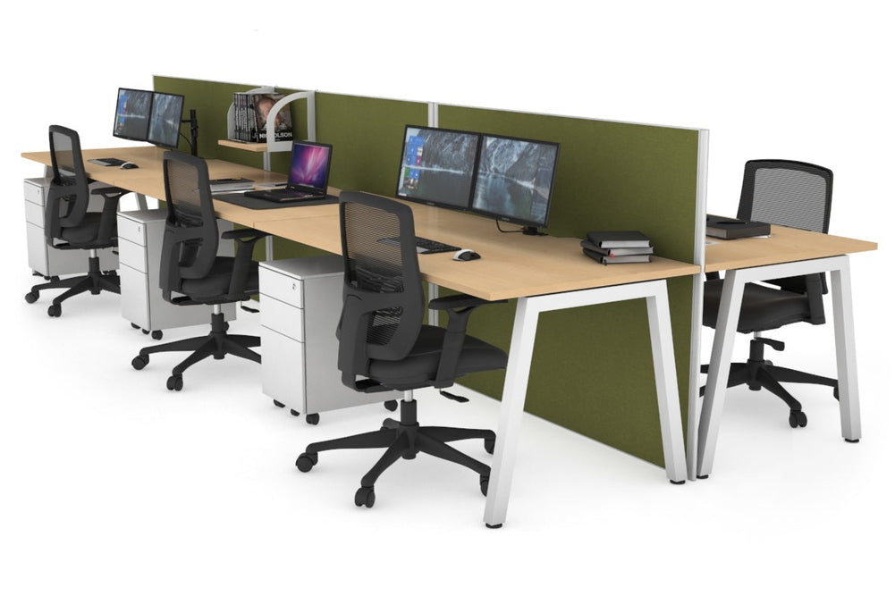 Horizon Quadro 6 Person Bench A Legs Office Workstation [1600L x 800W with Cable Scallop]-white leg maple green moss (1200H x 4800W)
