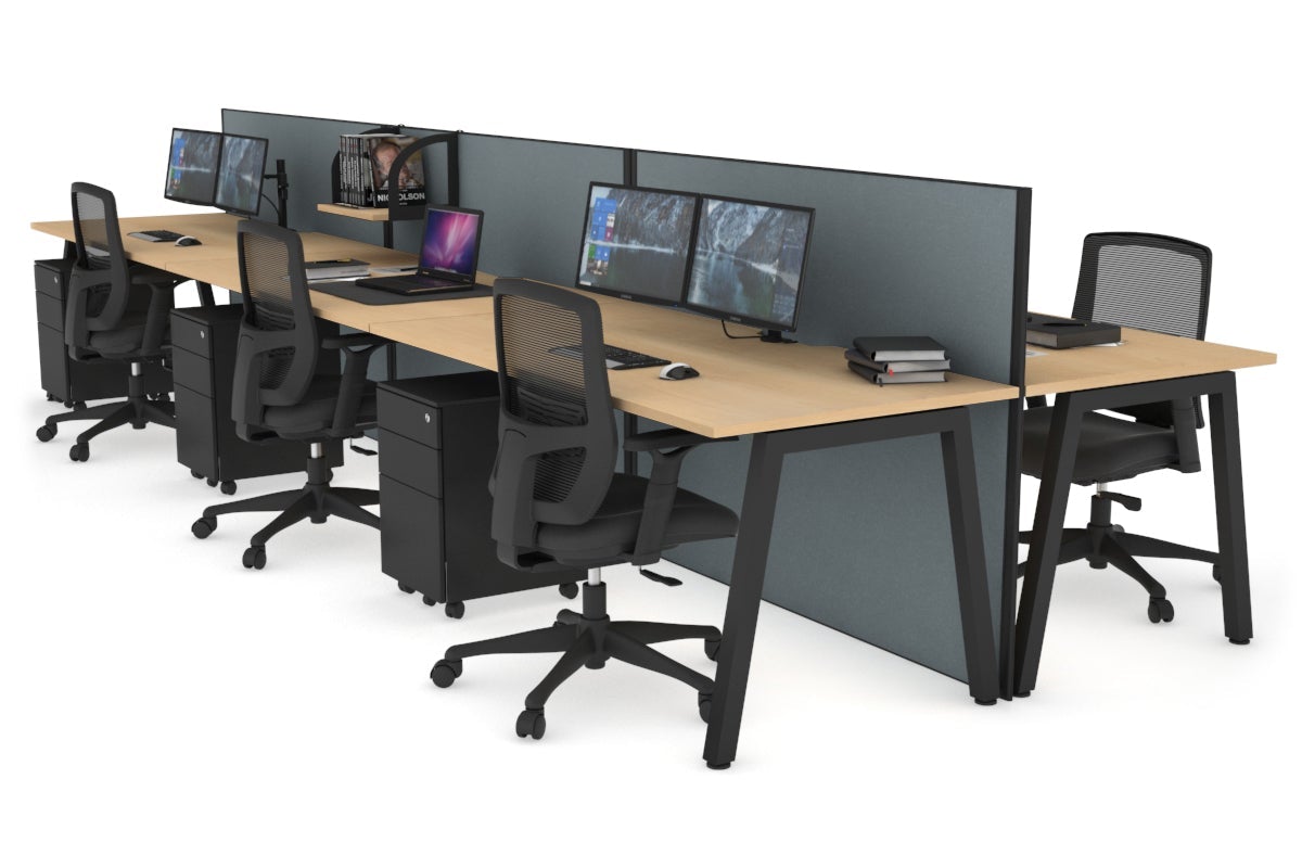 Horizon Quadro 6 Person Bench A Legs Office Workstation [1600L x 800W with Cable Scallop]-black leg maple cool grey (1200H x 4800W)