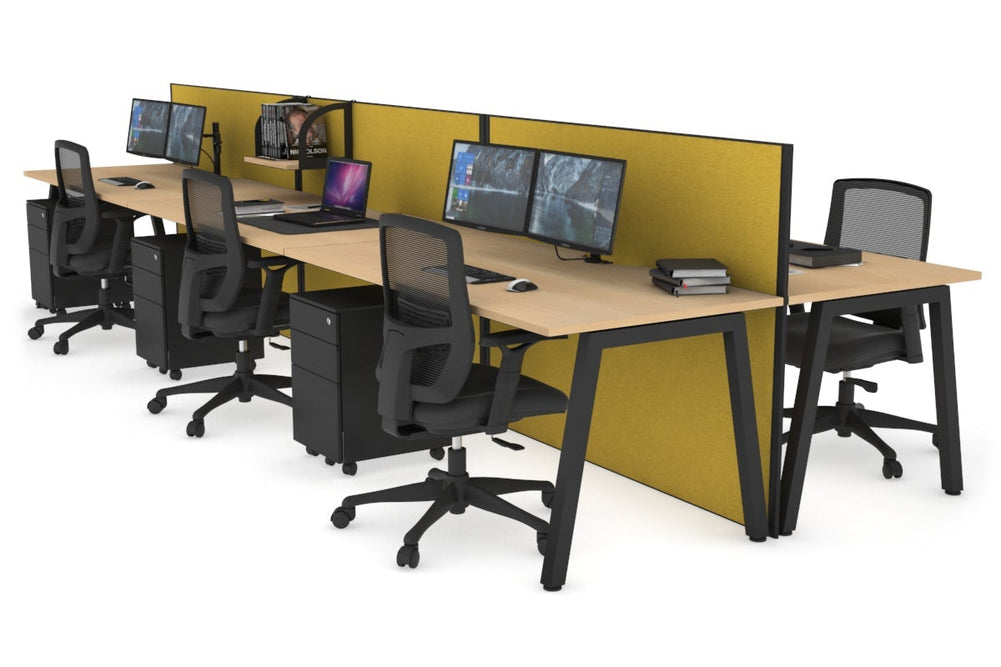 Horizon Quadro 6 Person Bench A Legs Office Workstation [1600L x 800W with Cable Scallop]-black leg maple mustard yellow (1200H x 4800W)